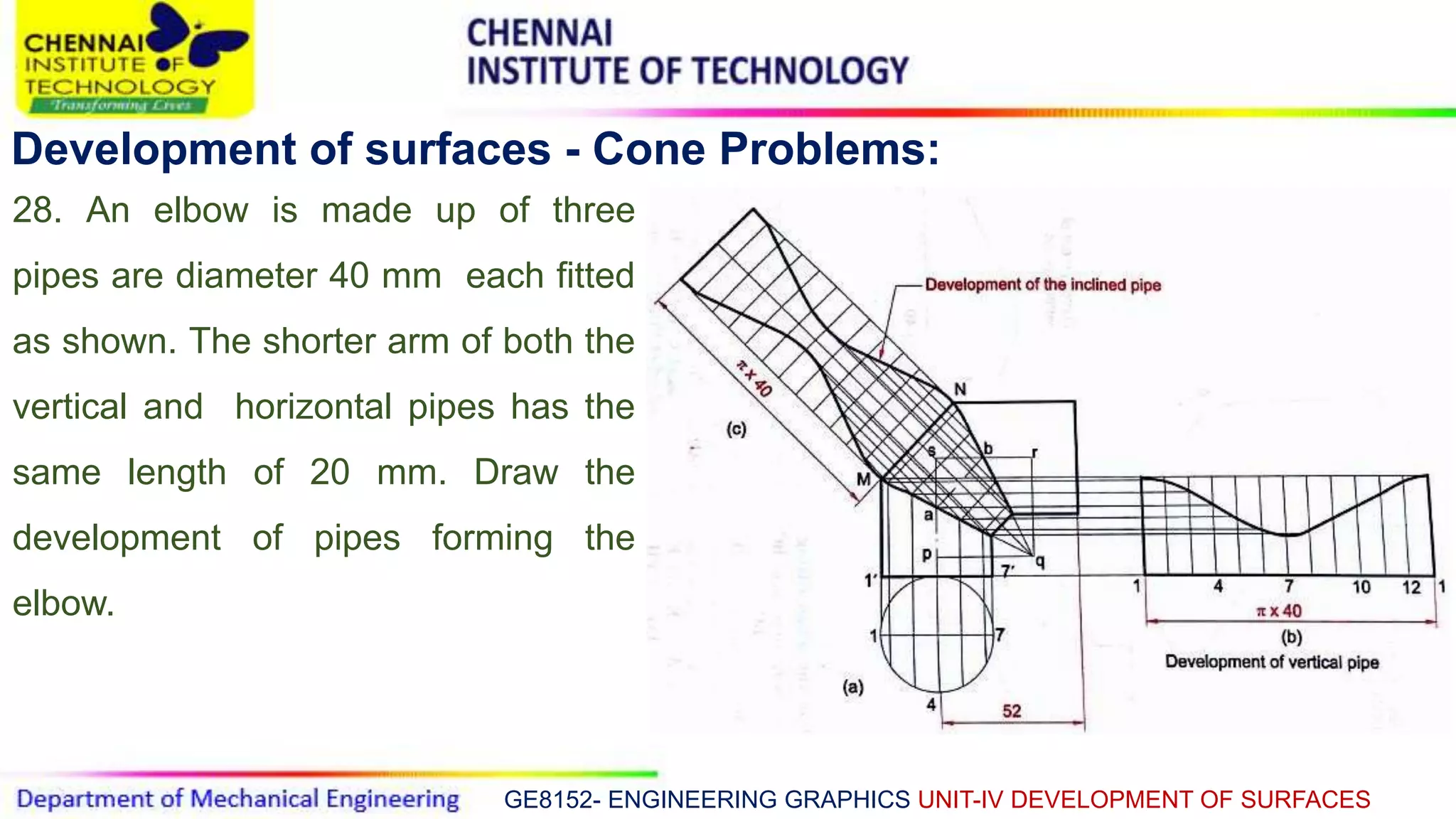 GE8152- ENGINEERING GRAPHICS UNIT-IV DEVELOPMENT OF SURFACES
Development of surfaces - Cone Problems:
28. An elbow is made up of three
pipes are diameter 40 mm each fitted
as shown. The shorter arm of both the
vertical and horizontal pipes has the
same length of 20 mm. Draw the
development of pipes forming the
elbow.
 
