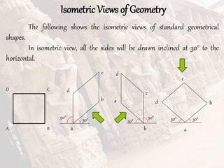 30°
Isometric Views of Geometry
The following shows the isometric views of standard geometrical
shapes.
In isometric view, all the sides will be drawn inclined at 30° to the
horizontal.
A B
C
D
30°
90°
a
b
c
d
90°
b
a
c
d
a
30°
30°
b
d
c
 