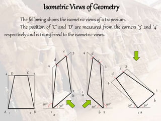 30°
Isometric Views of Geometry
The following shows the isometric views of a trapezium.
The position of ‘C’ and ‘D’ are measured from the corners ‘3’ and ‘4’
respectively and is transferred to the isometric views.
A B
C
30°
90°
1
2
3
4
90°
2
1
3
4
1
30°
30°
2
4
3
1 2
3
4
a
b
c
a
b
c
a
b
c
D
d
d
d
 
