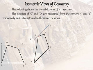 Isometric Views of Geometry
The following shows the isometric views of a trapezium.
The position of ‘C’ and ‘D’ are measured from the corners ‘3’ and ‘4’
respectively and is transferred to the isometric views.
A B
C
D
1
2
3
4
1
2
3
4
a
b
d
c
 