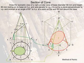 H
1’
2’ (8’)
3’ (7’)
4’ (6’) 5’
1
2
8 7
3
5
4
6
Section of Cone
Draw the isometric view of a right circular cone of base diameter 50 mm and height
80 mm resting on its base on h.p. and axis parallel to v.p. it is cut by a plane perpendicular to
v.p. and inclined at an angle of 60° to h.p. at a point on the axis 50 mm above the base
x y
a
b
c
d
e
f
g
h
p q
r
s
a’ e’
o
o’
V
U
W
T
Q
R
P
S
O’
1
O
A C
E
G
F
D
B
Method of Points
 