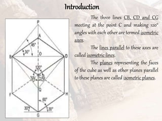 Introduction
The three lines CB, CD and CG
meeting at the point C and making 120°
angles with each other are termed isometric
axes.
The lines parallel to these axes are
called isometric lines.
The planes representing the faces
of the cube as well as other planes parallel
to these planes are called isometric planes.
 