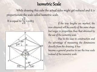 Isometric Scale
While drawing this cube the actual sides might get reduced and it is
proportionate the scale called Isometric scale.
It is equal to
2
3
= 0.815
If the true lengths are marked, the
view obtained will be exactly of the same shape
but larger in proportion than that obtained by
the use of the isometric scale
Due to the ease in construction and
the advantage of measuring the dimensions
directly from the drawing, it has
become a general practice to use the true scale
instead of the isometric scale.
 