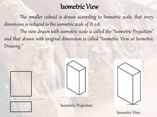Isometric View
The smaller cuboid is drawn according to Isometric scale, that every
dimension is reduced to the isometric scale of  0.8.
The view drawn with isometric scale is called the “Isometric Projection”
and that drawn with original dimension is called “Isometric View or Isometric
Drawing.”
Isometric Projection
Isometric View
 