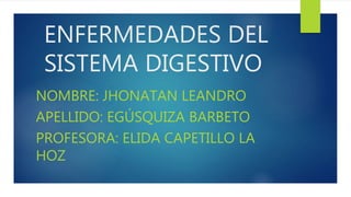 ENFERMEDADES DEL
SISTEMA DIGESTIVO
NOMBRE: JHONATAN LEANDRO
APELLIDO: EGÚSQUIZA BARBETO
PROFESORA: ELIDA CAPETILLO LA
HOZ
 