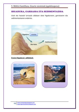 5. MAILA Santillana. Gizarte zientziak (egokitzapena)
13 www.margarigela.blogspot.com
www.laguntza3ziklo.blogspot.com
HIGADURA, GARRAIOA ETA SEDIMENTAZIOA
Urak eta haizeak lurrazala aldatzen dute higaduraren, garraioaren eta
sedimentazioaren ondorioz.
Erosio (higadura)- adibideak:
erosioa
 