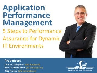 Application
Performance
Management
5 Steps to Performance
Assurance for Dynamic
IT Environments

Presenters
Dennis Callaghan (451 Research)
Bala Vaidhinathan (eG Innovations)
Rick Ruskin (eG Innovations)
 