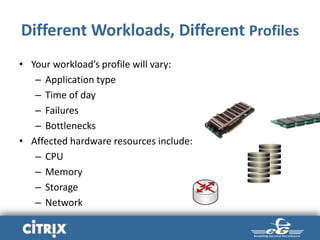 Different Workloads, Different Profiles
• Your workload’s profile will vary:
– Application type
– Time of day
– Failures
– Bottlenecks
• Affected hardware resources include:
– CPU
– Memory
– Storage
– Network
 