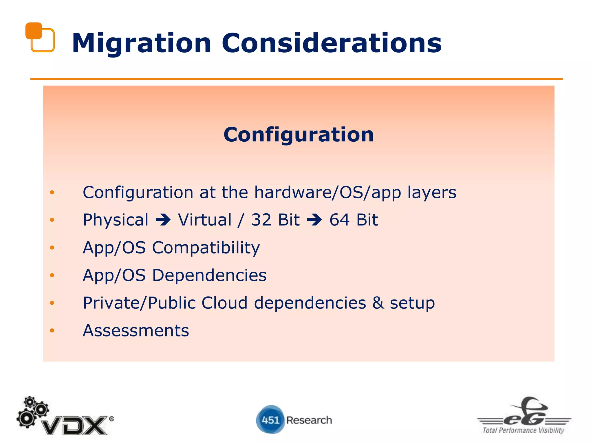 Migration Considerations
Configuration
• Configuration at the hardware/OS/app layers
• Physical  Virtual / 32 Bit  64 Bit
• App/OS Compatibility
• App/OS Dependencies
• Private/Public Cloud dependencies & setup
• Assessments
 