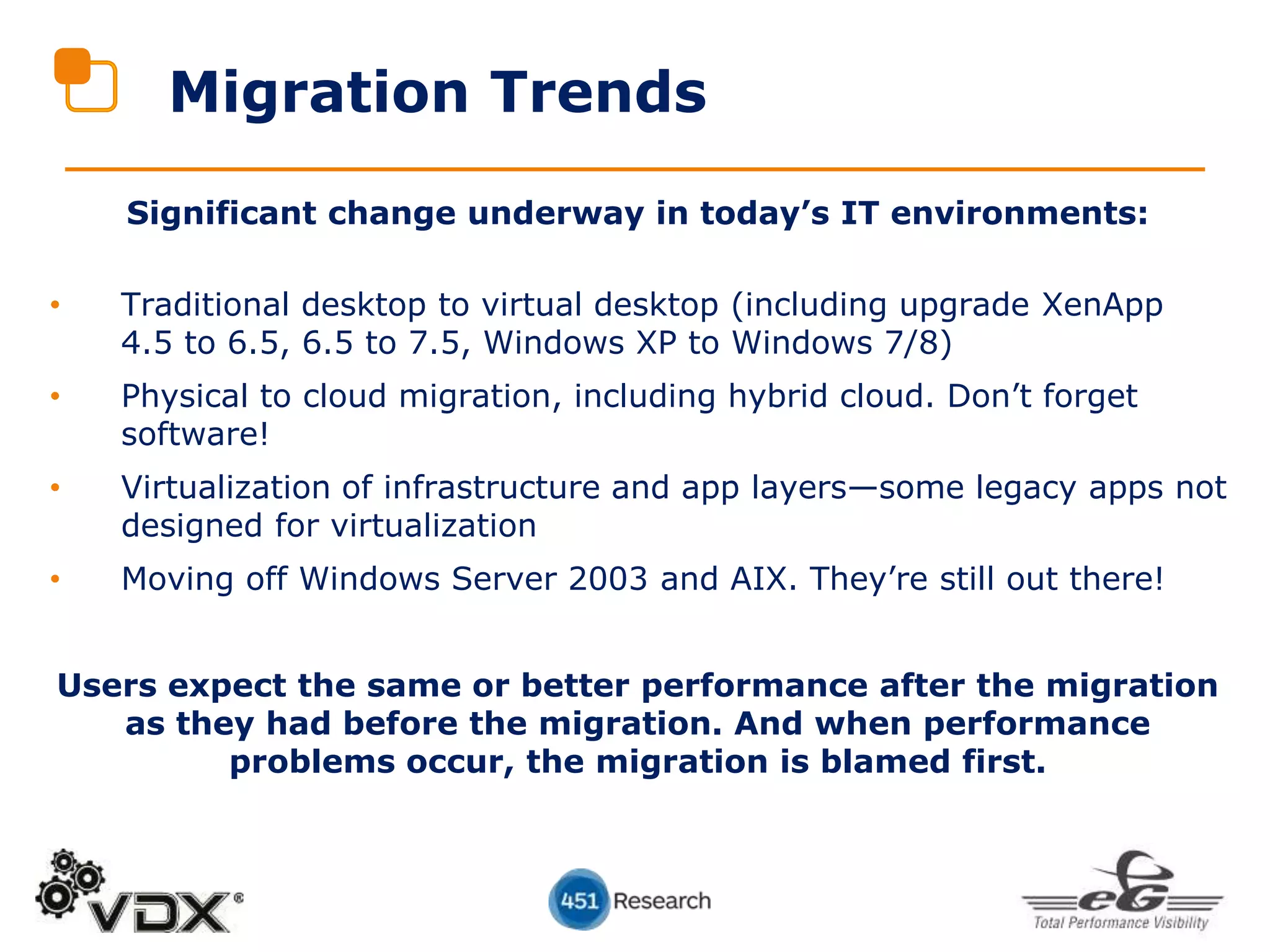 Significant change underway in today’s IT environments:
• Traditional desktop to virtual desktop (including upgrade XenApp
4.5 to 6.5, 6.5 to 7.5, Windows XP to Windows 7/8)
• Physical to cloud migration, including hybrid cloud. Don’t forget
software!
• Virtualization of infrastructure and app layers—some legacy apps not
designed for virtualization
• Moving off Windows Server 2003 and AIX. They’re still out there!
Users expect the same or better performance after the migration
as they had before the migration. And when performance
problems occur, the migration is blamed first.
Migration Trends
 
