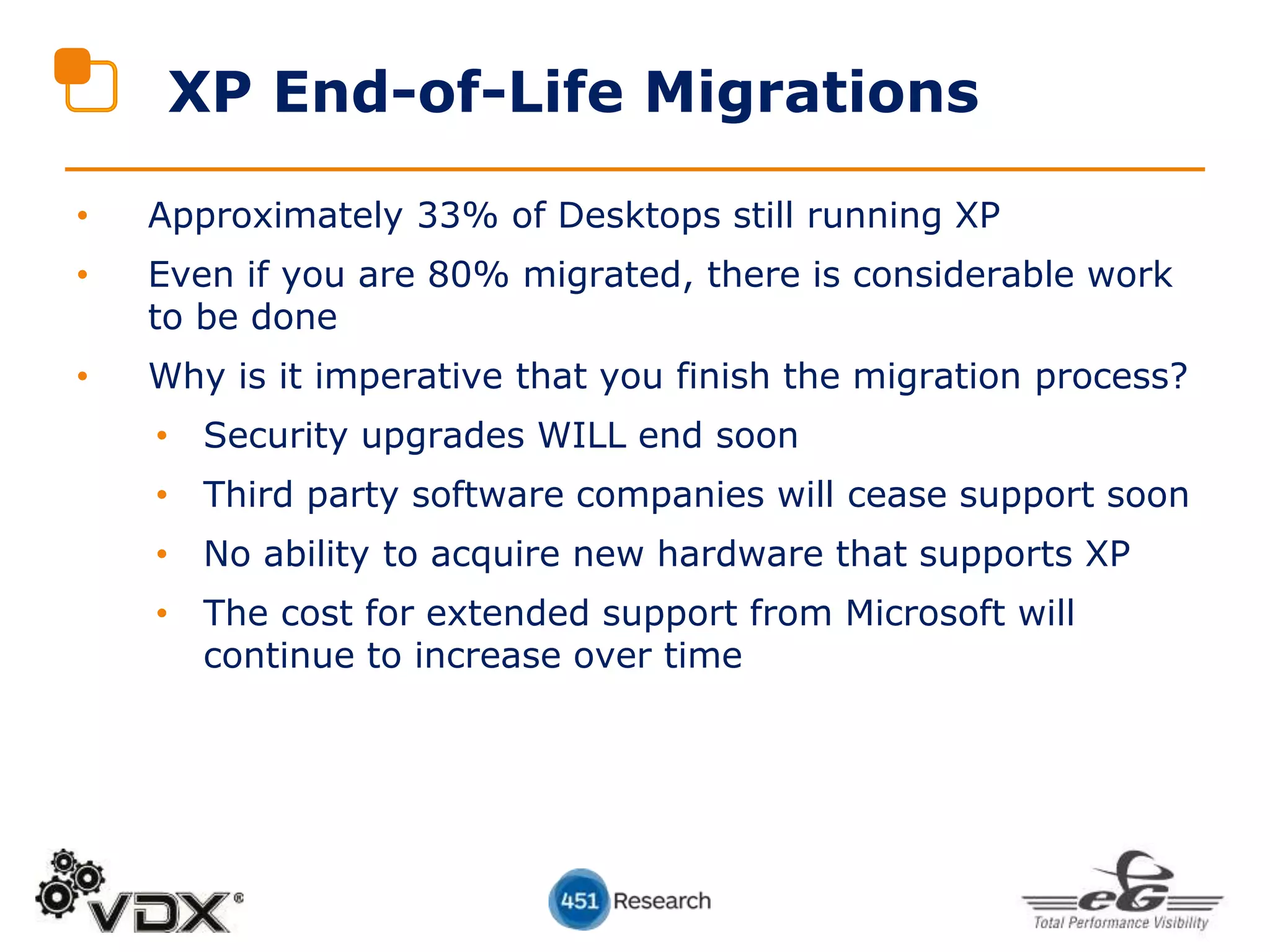 • Approximately 33% of Desktops still running XP
• Even if you are 80% migrated, there is considerable work
to be done
• Why is it imperative that you finish the migration process?
• Security upgrades WILL end soon
• Third party software companies will cease support soon
• No ability to acquire new hardware that supports XP
• The cost for extended support from Microsoft will
continue to increase over time
XP End-of-Life Migrations
 