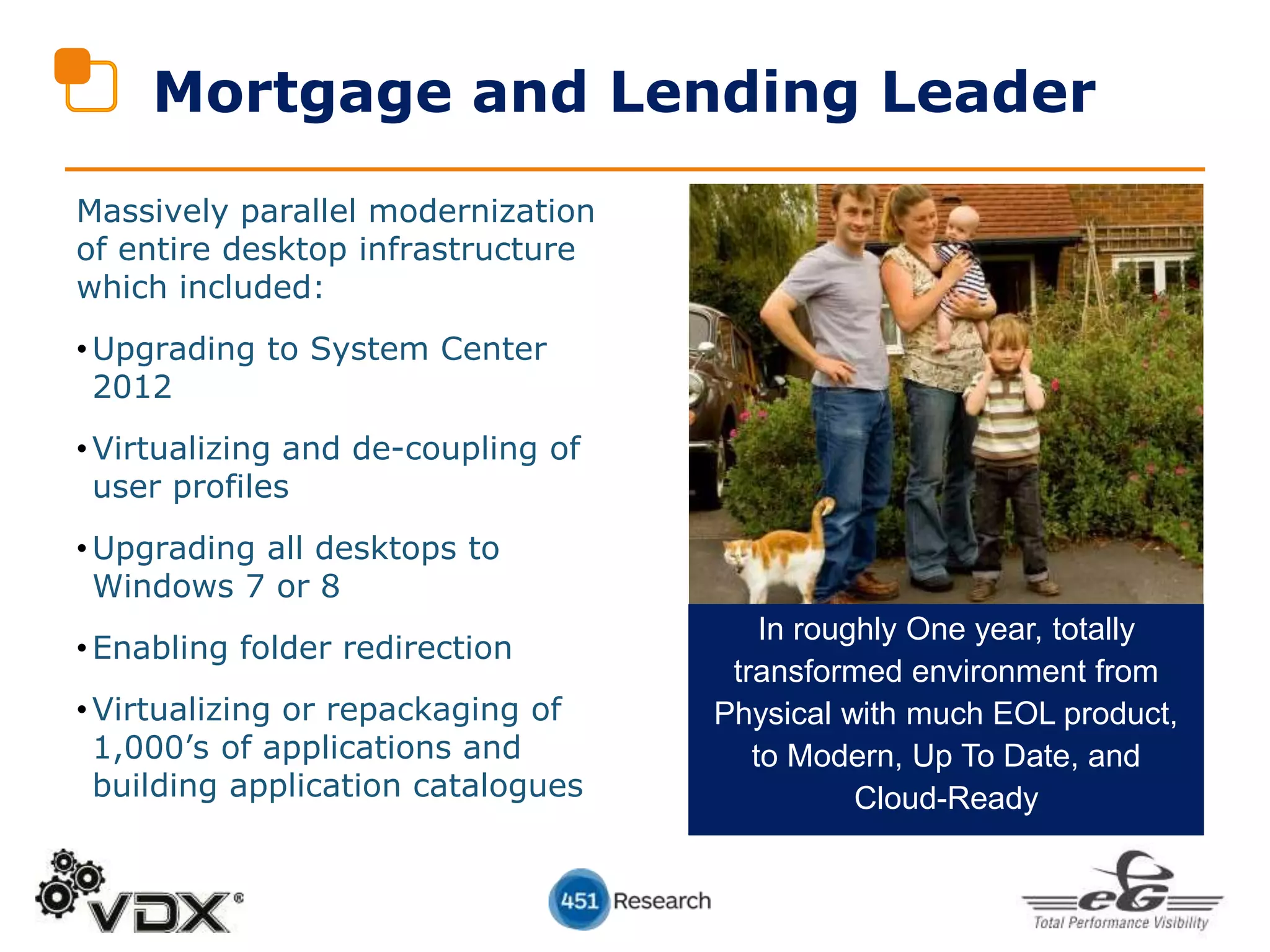 In roughly One year, totally
transformed environment from
Physical with much EOL product,
to Modern, Up To Date, and
Cloud-Ready
Mortgage and Lending Leader
Massively parallel modernization
of entire desktop infrastructure
which included:
•Upgrading to System Center
2012
•Virtualizing and de-coupling of
user profiles
•Upgrading all desktops to
Windows 7 or 8
•Enabling folder redirection
•Virtualizing or repackaging of
1,000’s of applications and
building application catalogues
 