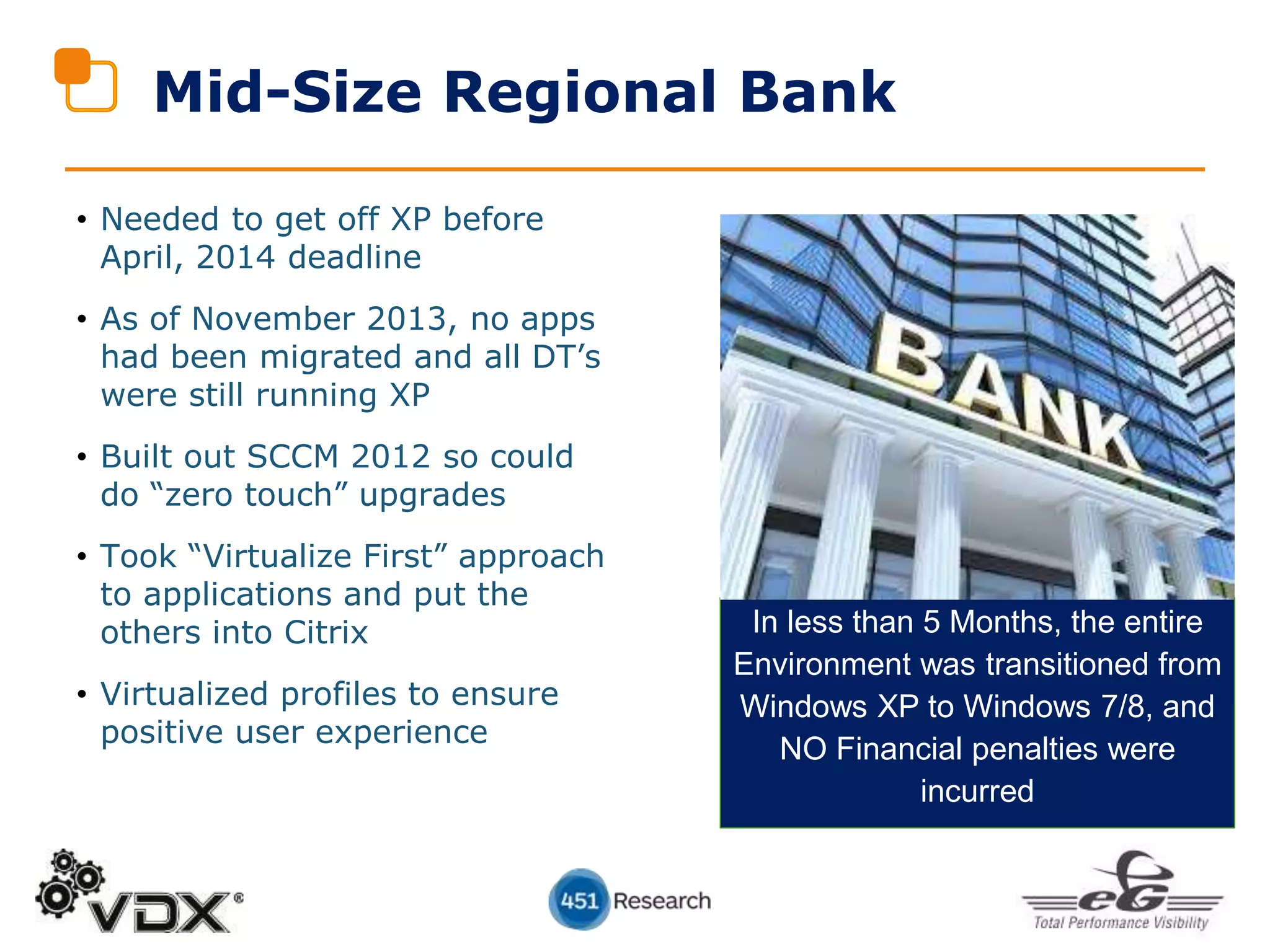 In less than 5 Months, the entire
Environment was transitioned from
Windows XP to Windows 7/8, and
NO Financial penalties were
incurred
Mid-Size Regional Bank
• Needed to get off XP before
April, 2014 deadline
• As of November 2013, no apps
had been migrated and all DT’s
were still running XP
• Built out SCCM 2012 so could
do “zero touch” upgrades
• Took “Virtualize First” approach
to applications and put the
others into Citrix
• Virtualized profiles to ensure
positive user experience
 