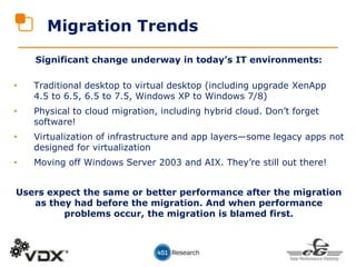 Significant change underway in today’s IT environments:
• Traditional desktop to virtual desktop (including upgrade XenApp
4.5 to 6.5, 6.5 to 7.5, Windows XP to Windows 7/8)
• Physical to cloud migration, including hybrid cloud. Don’t forget
software!
• Virtualization of infrastructure and app layers—some legacy apps not
designed for virtualization
• Moving off Windows Server 2003 and AIX. They’re still out there!
Users expect the same or better performance after the migration
as they had before the migration. And when performance
problems occur, the migration is blamed first.
Migration Trends
 