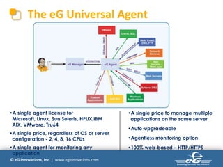 © eG Innovations, Inc | www.eginnovations.com
The eG Universal Agent
•A single agent license for
Microsoft, Linux, Sun Solaris, HPUX,IBM
AIX, VMware, Tru64
•A single price, regardless of OS or server
configuration - 2, 4, 8, 16 CPUs
•A single agent for monitoring any
application
•A single price to manage multiple
applications on the same server
•Auto-upgradeable
•Agentless monitoring option
•100% web-based – HTTP/HTTPS
 