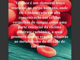 “O zinco é um elemento traço
essencial no corpo humano, onde
ele é encontrado em alta
concentração nas células
vermelhas do sangue como uma
parte essencial da enzima
anidrase carbônica, a qual
promove muitas reações relativas
ao metabolismo do dióxido de
carbono...
 