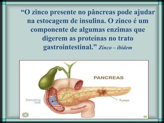 “O zinco presente no pâncreas pode ajudar
na estocagem de insulina. O zinco é um
componente de algumas enzimas que
digerem as proteínas no trato
gastrointestinal.” Zinco – ibidem
 