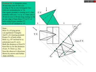 450
(AVP
450
toVp)
y
1
X
1
F.V.
T.V.
Aux.F.V.
X Y
Problem 10: A triangular prism,
40 mm base side 60 mm axis
is lying on Hp on one rectangular face
with axis perpendicular to Vp.
One square pyramid is leaning on it’s face
centrally with axis // to vp. It’s base side is
30 mm & axis is 60 mm long resting on Hp
on one edge of base.Draw FV & TV of
both solids.Project another FV
on an AVP 450
inclined to VP.
Steps :
Draw Fv of lying prism
( an equilateral Triangle)
And Fv of a leaning pyramid.
Project Tv of both solids.
Draw x1y1 450
inclined to xy
and project aux.Fv on it.
Mark the distances of first FV
from first xy for the distances
of aux. Fv from x1y1 line.
Note the observer’s directions
Shown by arrows and further
steps carefully.
 