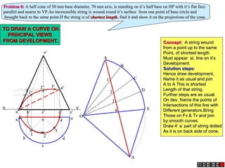 a’a’ b’b’ c’c’ d’d’
o’o’
e’e’
aa
bb
cc
dd
oo ee
XX YY
AA
BB
CC
DD
EE
AA
OO
22
33
44
11
Problem 8:Problem 8: A half cone of 50 mm base diameter, 70 mm axis, is standing on it’s half base on HP with it’s flat faceA half cone of 50 mm base diameter, 70 mm axis, is standing on it’s half base on HP with it’s flat face
parallel and nearer to VP.An inextensible string is wound round it’s surface from one point of base circle andparallel and nearer to VP.An inextensible string is wound round it’s surface from one point of base circle and
brought back to the same point.If the string is ofbrought back to the same point.If the string is of shortest lengthshortest length, find it and show it on the projections of the cone., find it and show it on the projections of the cone.
11 22
33
44
1’1’
2’2’ 3’3’ 4’4’
TO DRAW A CURVE ONTO DRAW A CURVE ON
PRINCIPAL VIEWSPRINCIPAL VIEWS
FROM DEVELOPMENT.FROM DEVELOPMENT. Concept:Concept: A string woundA string wound
from a point up to the samefrom a point up to the same
Point, of shortest lengthPoint, of shortest length
Must appear st. line on it’sMust appear st. line on it’s
Development.Development.
Solution steps:Solution steps:
Hence draw development,Hence draw development,
Name it as usual and joinName it as usual and join
A to A This is shortestA to A This is shortest
Length of that string.Length of that string.
Further steps are as usual.Further steps are as usual.
On dev. Name the points ofOn dev. Name the points of
Intersections of this line withIntersections of this line with
Different generators.BringDifferent generators.Bring
Those on Fv & Tv and joinThose on Fv & Tv and join
by smooth curves.by smooth curves.
Draw 4’ a’ part of string dottedDraw 4’ a’ part of string dotted
As it is on back side of cone.As it is on back side of cone.
 