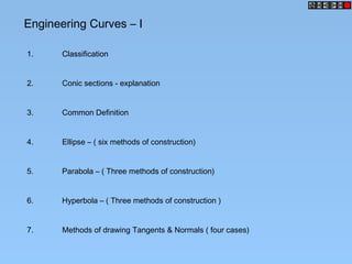 Engineering Curves – I
1. Classification
2. Conic sections - explanation
3. Common Definition
4. Ellipse – ( six methods of construction)
5. Parabola – ( Three methods of construction)
6. Hyperbola – ( Three methods of construction )
7. Methods of drawing Tangents & Normals ( four cases)
 