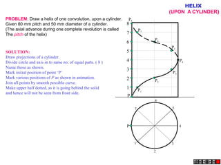 1
2
3
4
5
6
7
8
P
P1
P
P2
P3
P4
P5
P6
P7
P8
1
2
3
4
5
6
7
HELIX
(UPON A CYLINDER)
PROBLEM: Draw a helix of one convolution, upon a cylinder.
Given 80 mm pitch and 50 mm diameter of a cylinder.
(The axial advance during one complete revolution is called
The pitch of the helix)
SOLUTION:
Draw projections of a cylinder.
Divide circle and axis in to same no. of equal parts. ( 8 )
Name those as shown.
Mark initial position of point ‘P’
Mark various positions of P as shown in animation.
Join all points by smooth possible curve.
Make upper half dotted, as it is going behind the solid
and hence will not be seen from front side.
 