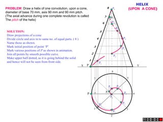 P
1
2
3
4
5
6
7
1
2
3
4
5
6
7
8
P
P1
P2
P3
P4
P5
P6
P7
P8
P1
P2
P3
P4
P5P6
P7
P8
X Y
HELIX
(UPON A CONE)PROBLEM: Draw a helix of one convolution, upon a cone,
diameter of base 70 mm, axis 90 mm and 90 mm pitch.
(The axial advance during one complete revolution is called
The pitch of the helix)
SOLUTION:
Draw projections of a cone
Divide circle and axis in to same no. of equal parts. ( 8 )
Name those as shown.
Mark initial position of point ‘P’
Mark various positions of P as shown in animation.
Join all points by smooth possible curve.
Make upper half dotted, as it is going behind the solid
and hence will not be seen from front side.
 