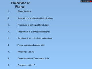 Projections of
Planes:
1. About the topic:
2. Illustration of surface & side inclination.
3. Procedure to solve problem & tips:
4. Problems:1 to 5: Direct inclinations:
5. Problems:6 to 11: Indirect inclinations:
6. Freely suspended cases: Info:
7. Problems: 12 & 13
8. Determination of True Shape: Info:
9. Problems: 14 to 17
 