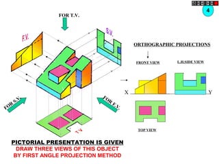FOR T.V.
FOR
S.V.
ORTHOGRAPHIC PROJECTIONS
FOR
F.V.
FRONT VIEW
TOP VIEW
L.H.SIDE VIEW
X Y
4
PICTORIAL PRESENTATION IS GIVEN
DRAW THREE VIEWS OF THIS OBJECT
BY FIRST ANGLE PROJECTION METHOD
 