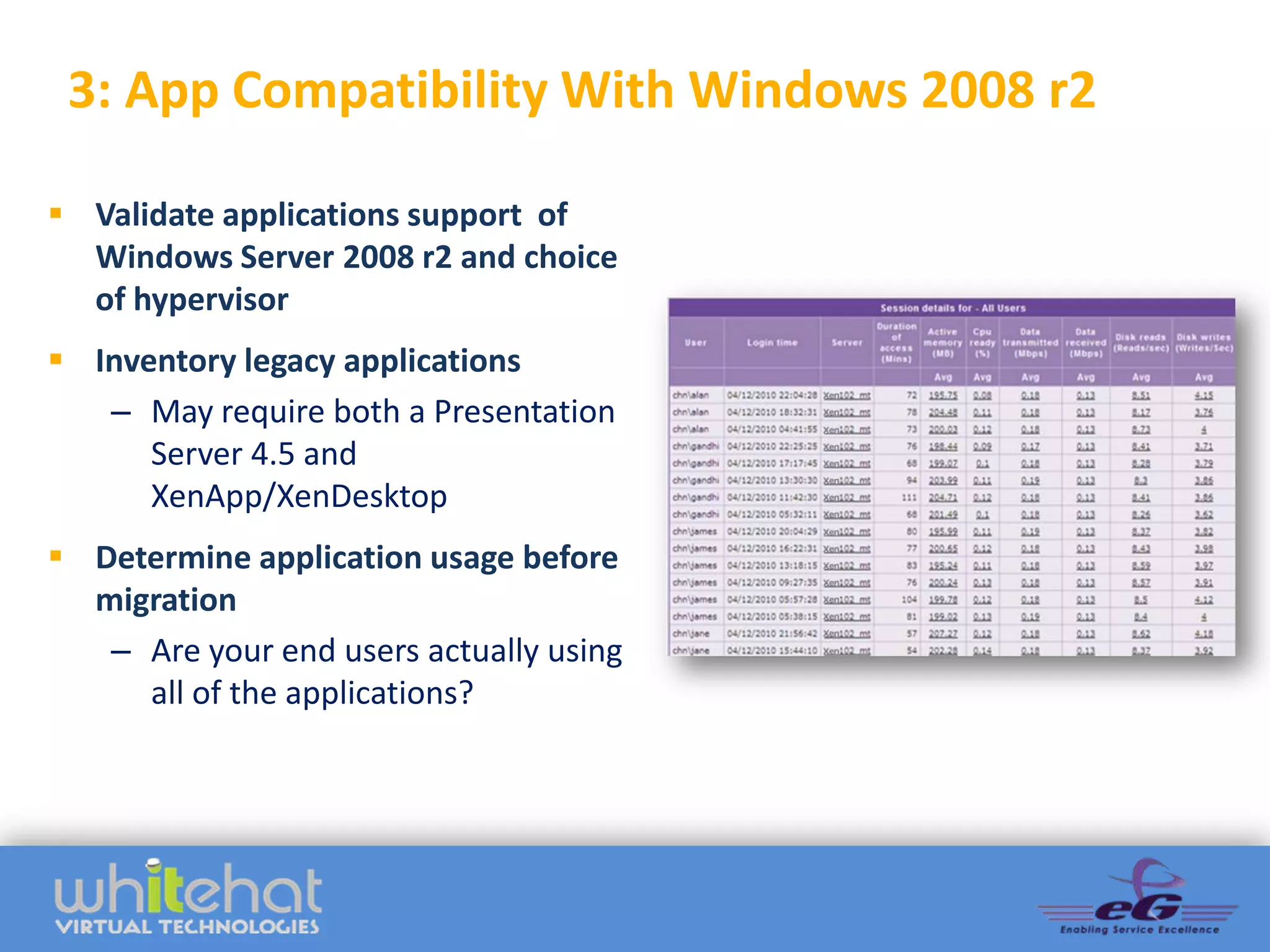 3: App Compatibility With Windows 2008 r2

 Validate applications support of
  Windows Server 2008 r2 and choice
  of hypervisor
 Inventory legacy applications
   – May require both a Presentation
      Server 4.5 and
      XenApp/XenDesktop
 Determine application usage before
  migration
   – Are your end users actually using
     all of the applications?
 