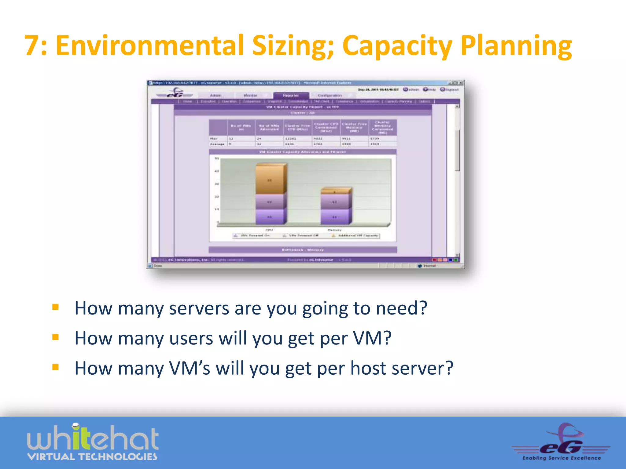 7: Environmental Sizing; Capacity Planning




   How many servers are you going to need?
   How many users will you get per VM?
   How many VM’s will you get per host server?
 