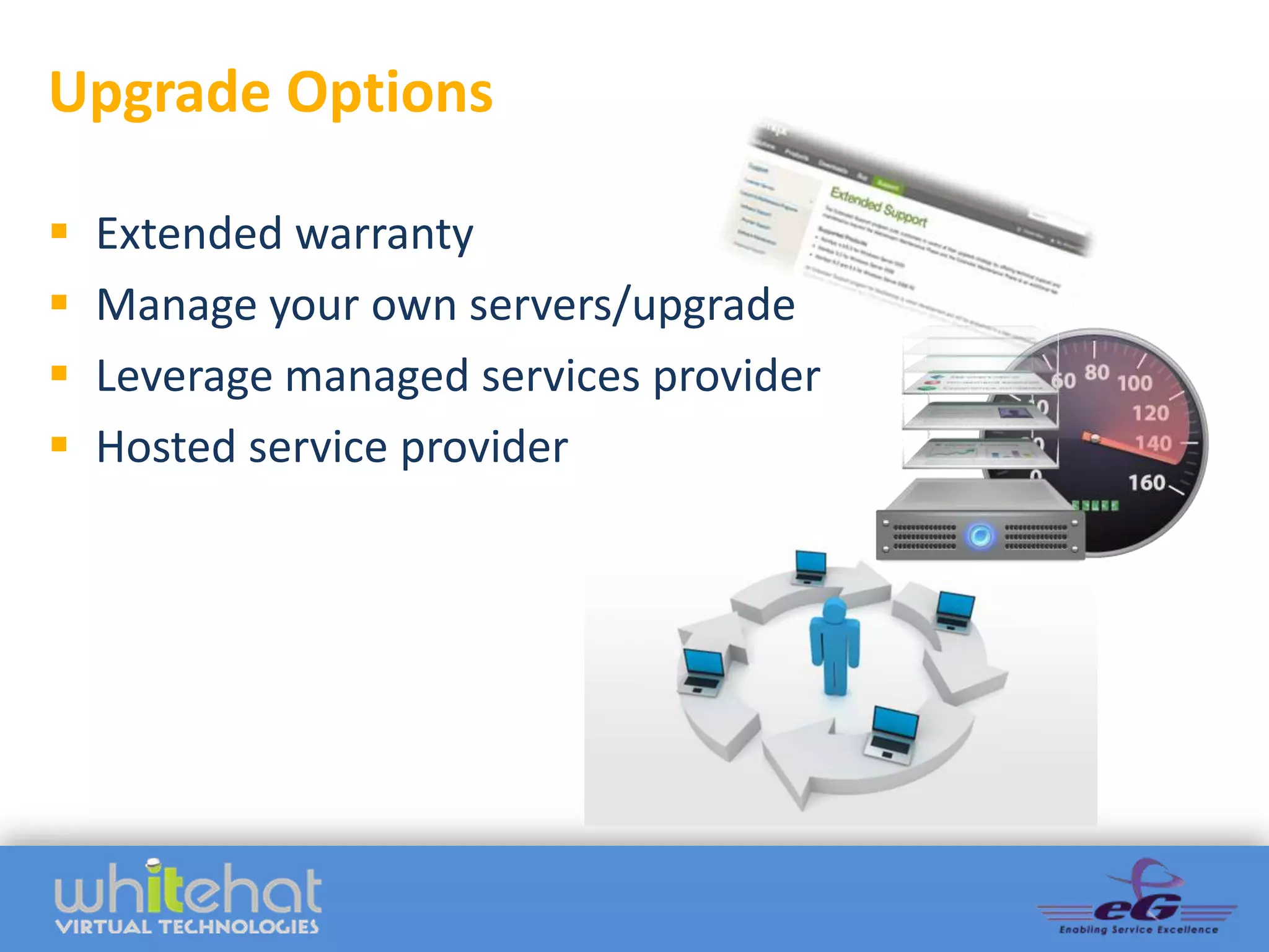 Upgrade Options

   Extended warranty
   Manage your own servers/upgrade
   Leverage managed services provider
   Hosted service provider
 