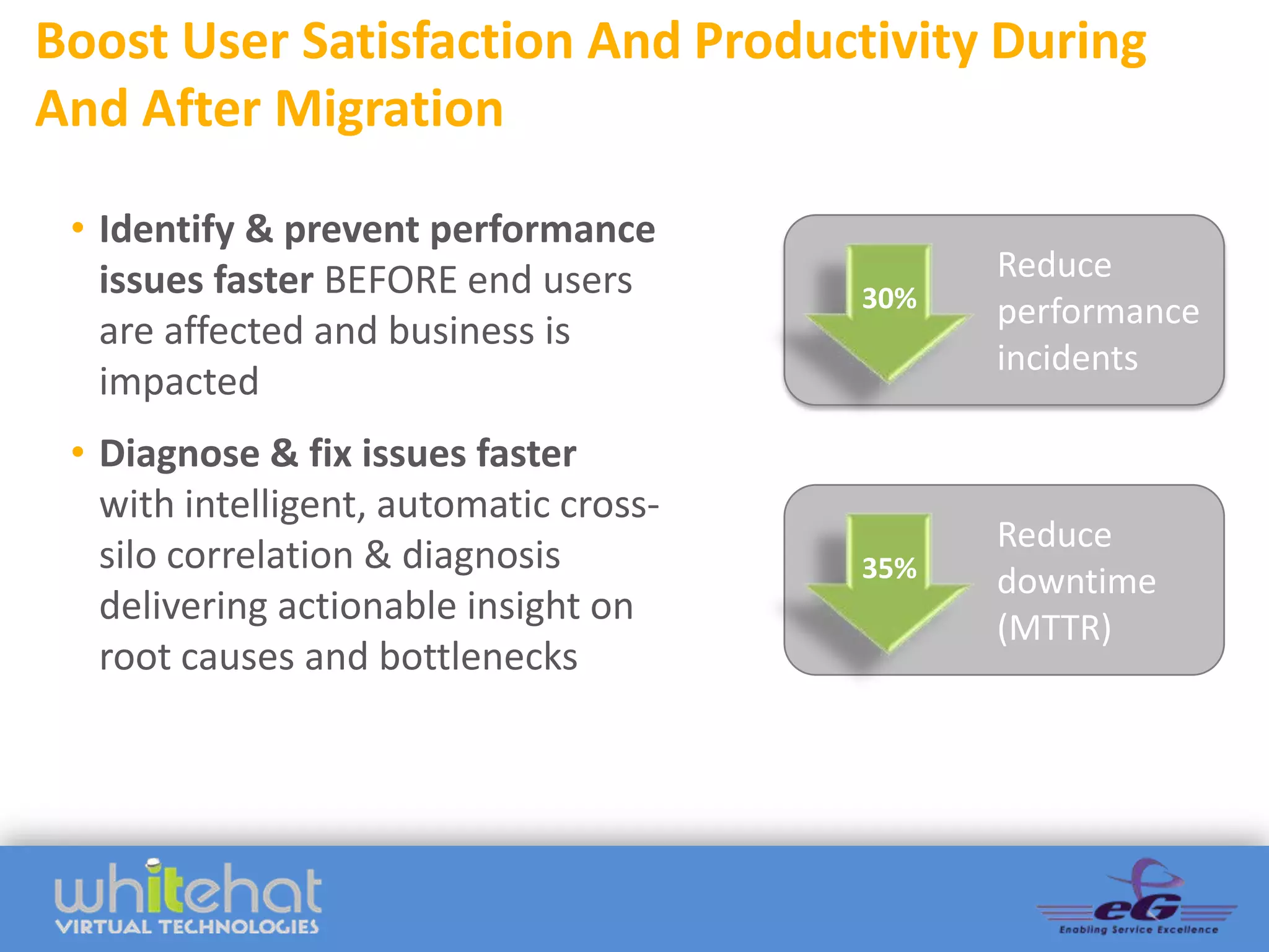 Boost User Satisfaction And Productivity During
And After Migration

 • Identify & prevent performance
   issues faster BEFORE end users             Reduce
                                        30%   performance
   are affected and business is
                                              incidents
   impacted
 • Diagnose & fix issues faster
   with intelligent, automatic cross-
                                              Reduce
   silo correlation & diagnosis         35%   downtime
   delivering actionable insight on           (MTTR)
   root causes and bottlenecks
 
