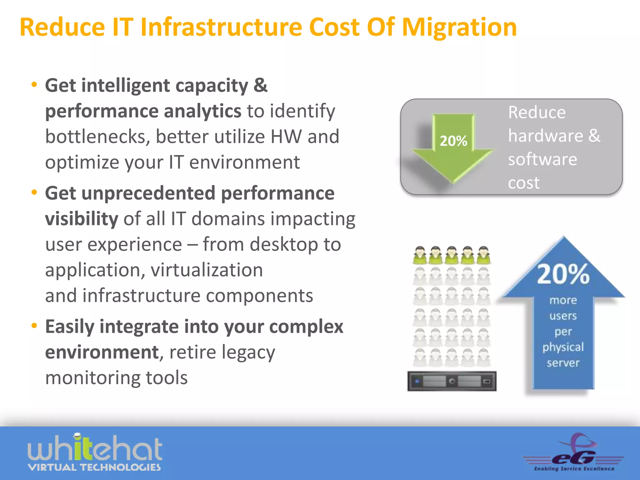 Reduce IT Infrastructure Cost Of Migration
• Get intelligent capacity &
  performance analytics to identify              Reduce
  bottlenecks, better utilize HW and       20%   hardware &
  optimize your IT environment                   software
                                                 cost
• Get unprecedented performance
  visibility of all IT domains impacting
  user experience – from desktop to
  application, virtualization
  and infrastructure components
• Easily integrate into your complex
  environment, retire legacy
  monitoring tools
 