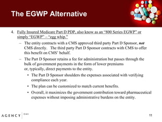 The EGWP AlternativeFully Insured Medicare Part D PDP, also know as an “800 Series EGWP” or simply “EGWP” – “egg whip.” The entity contracts with a CMS approved third party Part D Sponsor, not  CMS directly.   The third party Part D Sponsor contracts with CMS to offer this benefit on CMS’ behalf.  The Part D Sponsor retains a fee for administration but passes through the bulk of government payments in the form of lower premiums or, typically, direct payments to the entity. The Part D Sponsor shoulders the expenses associated with verifying compliance each year. The plan can be customized to match current benefits.Overall, it maximizes the government contribution toward pharmaceutical expenses without imposing administrative burdens on the entity.   11