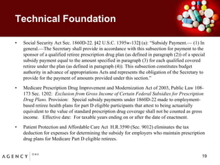 Technical Foundation	Social Security Act Sec. 1860D-22. [42 U.S.C. 1395w-132] (a): “Subsidy Payment.— (1) In general.—The Secretary shall provide in accordance with this subsection for payment to the sponsor of a qualified retiree prescription drug plan (as defined in paragraph (2)) of a special subsidy payment equal to the amount specified in paragraph (3) for each qualified covered retiree under the plan (as defined in paragraph (4)). This subsection constitutes budget authority in advance of appropriations Acts and represents the obligation of the Secretary to provide for the payment of amounts provided under this section.”Medicare Prescription Drug Improvement and Modernization Act of 2003, Public Law 108-173 Sec. 1202:  Exclusion from Gross Income of Certain Federal Subsidies for Prescription Drug Plans. Provision:   Special subsidy payments under 1860D-22 made to employment-based retiree health plans for part D eligible participants that attest to being actuarially equivalent to the value of standard prescription drug coverage shall not be counted as gross income.   Effective date:  For taxable years ending on or after the date of enactment. Patient Protection and Affordable Care Act  H.R.3590 (Sec. 9012) eliminates the tax deduction for expenses for determining the subsidy for employers who maintain prescription drug plans for Medicare Part D eligible retirees.19