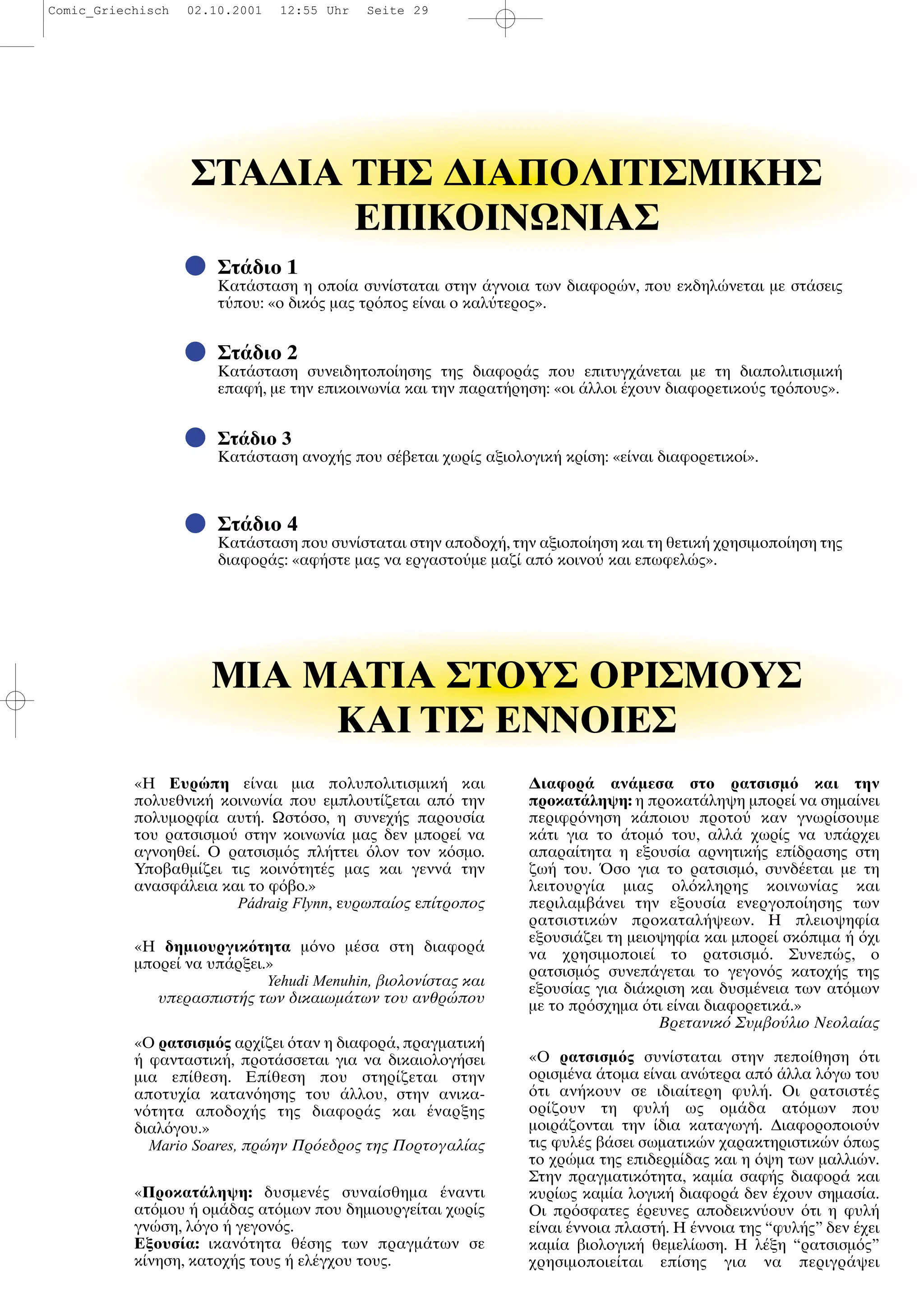 «Η Ευρ πη ε ναι µια πολυπολιτισµικ και
πολυεθνικ κοινων α που εµπλουτ ζεται απ την
πολυµορφ α αυτ . Ωστ σο, η συνεχ ς παρουσ α
του ρατσισµο στην κοινων α µας δεν µπορε να
αγνοηθε . Ο ρατσισµ ς πλ ττει λον τον κ σµο.
Υποβαθµ ζει τις κοιν τητ ς µας και γενν την
ανασφ λεια και το φ βο.»
Pádraig Flynn, ευρωπα ος επ τροπος
«Η δηµιουργικ τητα µ νο µ σα στη διαφορ
µπορε να υπ ρξει.»
Yehudi Menuhin, βιολον στας και
υπερασπιστ ς των δικαιωµ των του ανθρ που
«Ο ρατσισµ ς αρχ ζει ταν η διαφορ , πραγµατικ
φανταστικ , προτ σσεται για να δικαιολογ σει
µια επ θεση. Επ θεση που στηρ ζεται στην
αποτυχ α καταν ησης του λλου, στην ανικα-
ν τητα αποδοχ ς της διαφορ ς και ναρξης
διαλ γου.»
Mario Soares, πρ ην Πρ εδρος της Πορτογαλ ας
«Προκατ ληψη: δυσµεν ς συνα σθηµα ναντι
ατ µου οµ δας ατ µων που δηµιουργε ται χωρ ς
γν ση, λ γο γεγον ς.
Εξουσ α: ικαν τητα θ σης των πραγµ των σε
κ νηση, κατοχ ς τους ελ γχου τους.
∆ιαφορ αν µεσα στο ρατσισµ και την
προκατ ληψη: η προκατ ληψη µπορε να σηµα νει
περιφρ νηση κ ποιου προτο καν γνωρ σουµε
κ τι για το τοµ του, αλλ χωρ ς να υπ ρχει
απαρα τητα η εξουσ α αρνητικ ς επ δρασης στη
ζω του. σο για το ρατσισµ , συνδ εται µε τη
λειτουργ α µιας ολ κληρης κοινων ας και
περιλαµβ νει την εξουσ α ενεργοπο ησης των
ρατσιστικ ν προκαταλ ψεων. Η πλειοψηφ α
εξουσι ζει τη µειοψηφ α και µπορε σκ πιµα χι
να χρησιµοποιε το ρατσισµ . Συνεπ ς, ο
ρατσισµ ς συνεπ γεται το γεγον ς κατοχ ς της
εξουσ ας για δι κριση και δυσµ νεια των ατ µων
µε το πρ σχηµα τι ε ναι διαφορετικ .»
Βρετανικ Συµβο λιο Νεολα ας
«Ο ρατσισµ ς συν σταται στην πεπο θηση τι
ορισµ να τοµα ε ναι αν τερα απ λλα λ γω του
τι αν κουν σε ιδια τερη φυλ . Οι ρατσιστ ς
ορ ζουν τη φυλ ως οµ δα ατ µων που
µοιρ ζονται την δια καταγωγ . ∆ιαφοροποιο ν
τις φυλ ς β σει σωµατικ ν χαρακτηριστικ ν πως
το χρ µα της επιδερµ δας και η ψη των µαλλι ν.
Στην πραγµατικ τητα, καµ α σαφ ς διαφορ και
κυρ ως καµ α λογικ διαφορ δεν χουν σηµασ α.
Οι πρ σφατες ρευνες αποδεικν ουν τι η φυλ
ε ναι ννοια πλαστ . Η ννοια της “φυλ ς” δεν χει
καµ α βιολογικ θεµελ ωση. Η λ ξη “ρατσισµ ς”
χρησιµοποιε ται επ σης για να περιγρ ψει
ΣTA∆IA THΣ ∆IAΠOΛITIΣMIKHΣ
EΠIKOINΩNIAΣ
ΜIA MATIA ΣTOYΣ OPIΣMOYΣ
KAI TIΣ ENNOIEΣ
Στ διο 1
Kατ σταση η οπο α συν σταται στην γνοια των διαφορ ν, που εκδηλ νεται µε στ σεις
τ που: «ο δικ ς µας τρ πος ε ναι ο καλ τερος».
Στ διο 2
Kατ σταση συνειδητοπο ησης της διαφορ ς που επιτυγχ νεται µε τη διαπολιτισµικ
επαφ , µε την επικοινων α και την παρατ ρηση: «οι λλοι χουν διαφορετικο ς τρ πους».
Στ διο 3
Kατ σταση ανοχ ς που σ βεται χωρ ς αξιολογικ κρ ση: «ε ναι διαφορετικο ».
Στ διο 4
Kατ σταση που συν σταται στην αποδοχ , την αξιοπο ηση και τη θετικ χρησιµοπο ηση της
διαφορ ς: «αφ στε µας να εργαστο µε µαζ απ κοινο και επωφελ ς».
Comic_Griechisch 02.10.2001 12:55 Uhr Seite 29
 