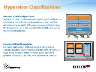 Hypervisor Classifications Bare Metal/Native Hypervisors:Software systems that run directly on the host’s software as a hardware control and guest operating system monitor. A guest operating system thus runs on another level above the hypervisor. This is the classic implementation of virtual machine architectures.Embedded/Host Hypervisors:Software applications that run within a conventional operating system environment. Considering the hypervisor layer being a distinct software layer, guest operating systems thus run at the third level above the hardware