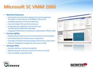 Microsoft SC VMM 2008Maximize ResourcesCentralized virtual machine deployment and management for Hyper-V, Virtual Server, and VMware ESX serversIntelligent placement of Virtual MachinesFast and reliable P2V and V2V conversionComprehensive application and service-level monitoring with Operations ManagerIntegrated Performance and Resource Optmization (PRO) of VMsIncrease AgilityRapid provisioning of new and virtual machines with templatesCentralized library of infrastructure componentsLeverage and extend existing storage infrastructure and clustersAllow for delegated management and access of VMsLeverage SkillsFamiliar interface, common foundation Monitor physical and virtual machines from one console Fully scriptable using PowerShell