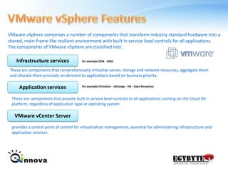 VMware vSphere FeaturesVMware vSphere comprises a number of components that transform industry standard hardware into a shared, main-frame like resilient environment with built in service level controls for all applications. The components of VMware vSphere are classified into:Infrastructure servicesfor example {ESX - ESXi}These are components that comprehensively virtualize server, storage and network resources, aggregate them and allocate them precisely on demand to applications based on business priority.Application servicesfor example {Vmotion - vStorage - HA - Data Recavery}These are components that provide built in service level controls to all applications running on the Cloud OS platform, regardless of application type or operating system.VMware vCenter Serverprovides a central point of control for virtualization management, essential for administering infrastructure and application services.