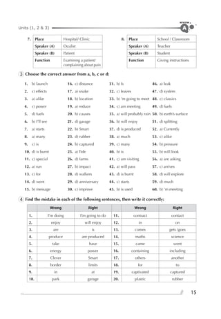 Units (1, 2 & 3)
REVIEW
15
A
7. Place Hospital/ Clinic 8. Place School / Classroom
Speaker (A) Oculist Speaker (A) Teacher
Speaker (B) Patient Speaker (B) Student
Function Examining a patient/
complaining about pain
Function Giving instructions
3 Choose the correct answer from a, b, c or d:
1. b) launch 16. c) distance 31. b) Is 46. a) leak
2. c) effects 17. a) snake 32. c) leaves 47. d) system
3. a) alike 18. b) location 33. b) ’m going to meet 48. c) classics
4. c) power 19. a) reduce 34. c) am meeting 49. d) fuels
5. d) fuels 20. b) causes 35. a) will probably rain 50. b) earth’s surface
6. b) I’ll see 21. d) garage 36. b) will enjoy 51. d) splitting
7. a) starts 22. b) Smart 37. d) is produced 52. a) Currently
8. a) many 23. d) rubber 38. a) much 53. c) alike
9. c) is 24. b) captured 39. c) many 54. b) pressure
10. d) is burnt 25. a) Tide 40. b) is 55. b) will look
11. c) special 26. d) farms 41. c) am visiting 56. a) are asking
12. a) run 27. b) impact 42. a) will pass 57. c) arrives
13. c) for 28. d) walkers 43. d) is burnt 58. d) will explore
14. d) went 29. d) anniversary 44. c) starts 59. d) much
15. b) message 30. c) improve 45. b) is used 60. b) ’m meeting
4 Find the mistake in each of the following sentences, then write it correctly:
Wrong Right Wrong Right
1. I’m doing I’m going to do 11. contract contact
2. enjoy will enjoy 12. in on
3. are is 13. comes gets /goes
4. produce are produced 14. maths science
5. take have 15. came went
6. energy power 16. containing including
7. Clever Smart 17. others another
8. border limits 18. for to
9. in at 19. captivated captured
10. park garage 20. plastic rubber
 