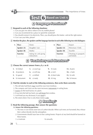 The importance of trees6
UNIT
28
Test Based on Unit 66
Language FunctionsLanguage FunctionsLanguage FunctionsA
1 Respond to each of the following situations:
1. Can you give me advice where to ﬁx my mobile phone?
2. Can you recommend me a place to spend the weekend?
3. You should connect it to electricity. Then, you should press this button and set the right station.
4. Can I use your bike, please?
2 Mention the place, the speakers and the language function in each ofthe following two mini-dialogues:
1. Place Home 2. Place Airport
Speaker (A) Daughter / son Speaker (A) Policeman / Clerk
Speaker (B) Mother Speaker (B) Traveller
Function Asking for and giving
instructions
Function Checking in passports
and tickets
Vocabulary and StructureVocabulary and StructureVocabulary and StructureB
3 Choose the correct answer from a, b, c or d:
1. b) Global 5. a) won’t go 9. b) roots 13. d) pick
2. d) products 6. a) will stay 10. a) isn’t 14. c) bark
3. b) spend 7. a) drilled 11. d) don’t take 15. b) with
4. b) instrument 8. a) study 12. d) ring 16. b) freezes
4 Find the mistake in each of the following sentences, then write them correctly:
1. The old lady had black rings round her eyes from tiredness.
2. The compass and clock are the most necessary instruments in sailing boats.
3. Leaves are the food factory of a plant.
4. If you kick the ball too hard, you will break that window.
5. I will lend you my dictionary if you need it.
6. The street where I live is only three metres wide.
ReadingReadingReadingC
5 Read the following passage, then answer the questions:
A. Answer the following questions:
1. The trees in rain forests store tons of carbon dioxide. When such trees are harvested, they release
their carbon dioxide into the atmosphere.
2. Governments should issue laws to ban cutting forests. Projects of any kind should be banned on
these forests.
3. a) motivate b) annually
 