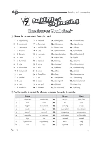 Building and engineering7
UNIT
34
UNIT
7 BuildingBuilding andandand
Building
engineering
engineering
engineering
Exercises on VocabularyExercises on VocabularyExercises on Vocabulary
1 Choose the correct answer from a, b, c or d:
1. b) engineering 16. b) whether 31. b) designed 46. b) commuters
2. d) investment 17. c) Illuminate 32. c) threatens 47. c) positioned
3. c) commuters 18. c) unthinkable 33. b) structure 48. a) base
4. c) massive 19. d) take 34. c) monuments 49. b) diameter
5. d) diameter 20. b) commuter 35. a) combination 50. a) illuminated
6. b) carve 21. c) cliff 36. c) concrete 51. b) cliff
7. c) illuminate 22. c) improve 37. b) rising 52. c) carved
8. d) raise 23. d) steep 38. c) missed 53. c) investments
9. b) positioned 24. c) mud 39. b) enemy 54. d) commuting
10. d) monument 25. d) raises 40. a) lose 55. a) mass
11. c) base 26. b) Tunnelling 41. d) ray 56. c) engineering
12. b) opened 27. c) up 42. a) reopened 57. a) Investing
13. d) save 28. b) statue 43. c) weighed 58. b) monumental
14. a) costs 29. a) rescued 44. d) forced 59. c) carving
15. d) historical 30. c) attackers 45. d) accessible 60. d) basing
2 Find the mistake in each of the following sentences, then write it correctly:
Wrong Wrong Right
1. illustrate illuminate 10. attacks attackers
2. risen raised 11. rise raise
3. magnet monument 12. working works
4. waste save 13. excavation investment
5. cared carved 14. computers commuters
6. controller commuter 15. unsinkable unthinkable
7. sight site 16. channel tunnel
8. Agriculture Engineering 17. take keep
9. rails rays 18. opened open
 