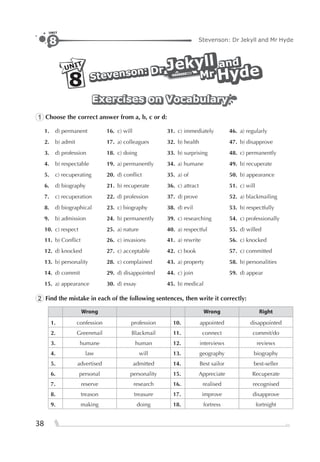 38
Stevenson: Dr Jekyll and Mr Hyde8
UNIT
UNIT
8
DrDr JekyllJekyll
Dr Jekyll
Stevenson:
Stevenson:
Stevenson:
andandand
MrMr HydeHydeHydeMr
Exercises on VocabularyExercises on VocabularyExercises on Vocabulary
1 Choose the correct answer from a, b, c or d:
1. d) permanent 16. c) will 31. c) immediately 46. a) regularly
2. b) admit 17. a) colleagues 32. b) health 47. b) disapprove
3. d) profession 18. c) doing 33. b) surprising 48. c) permanently
4. b) respectable 19. a) permanently 34. a) humane 49. b) recuperate
5. c) recuperating 20. d) conﬂict 35. a) of 50. b) appearance
6. d) biography 21. b) recuperate 36. c) attract 51. c) will
7. c) recuperation 22. d) profession 37. d) prove 52. a) blackmailing
8. d) biographical 23. c) biography 38. d) evil 53. b) respectfully
9. b) admission 24. b) permanently 39. c) researching 54. c) professionally
10. c) respect 25. a) nature 40. a) respectful 55. d) willed
11. b) Conﬂict 26. c) invasions 41. a) rewrite 56. c) knocked
12. d) knocked 27. c) acceptable 42. c) book 57. c) committed
13. b) personality 28. c) complained 43. a) property 58. b) personalities
14. d) commit 29. d) disappointed 44. c) join 59. d) appear
15. a) appearance 30. d) essay 45. b) medical
2 Find the mistake in each of the following sentences, then write it correctly:
Wrong Wrong Right
1. confession profession 10. appointed disappointed
2. Greenmail Blackmail 11. connect commit/do
3. humane human 12. interviews reviews
4. law will 13. geography biography
5. advertised admitted 14. Best sailor best-seller
6. personal personality 15. Appreciate Recuperate
7. reserve research 16. realised recognised
8. treason treasure 17. improve disapprove
9. making doing 18. fortress fortnight
 