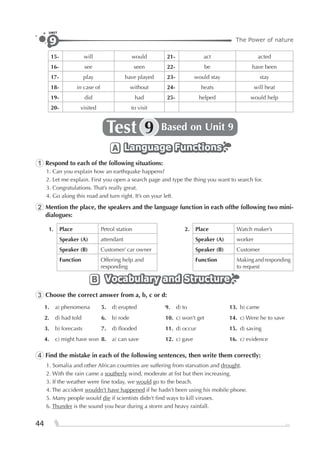 44
The Power of nature9
UNIT
15- will would 21- act acted
16- see seen 22- be have been
17- play have played 23- would stay stay
18- in case of without 24- heats will heat
19- did had 25- helped would help
20- visited to visit
Test Based on Unit 99
Language FunctionsLanguage FunctionsLanguage FunctionsA
1 Respond to each of the following situations:
1. Can you explain how an earthquake happens?
2. Let me explain. First you open a search page and type the thing you want to search for.
3. Congratulations. That’s really great.
4. Go along this road and turn right. It’s on your left.
2 Mention the place, the speakers and the language function in each ofthe following two mini-
dialogues:
1. Place Petrol station 2. Place Watch maker’s
Speaker (A) attendant Speaker (A) worker
Speaker (B) Customer/ car owner Speaker (B) Customer
Function Offering help and
responding
Function Making and responding
to request
Vocabulary and StructureVocabulary and StructureVocabulary and StructureB
3 Choose the correct answer from a, b, c or d:
1. a) phenomena 5. d) erupted 9. d) to 13. b) came
2. d) had told 6. b) rode 10. c) won’t get 14. c) Were he to save
3. b) forecasts 7. d) ﬂooded 11. d) occur 15. d) saving
4. c) might have won 8. a) can save 12. c) gave 16. c) evidence
4 Find the mistake in each of the following sentences, then write them correctly:
1. Somalia and other African countries are suffering from starvation and drought.
2. With the rain came a southerly wind, moderate at ﬁst but then increasing.
3. If the weather were ﬁne today, we would go to the beach.
4. The accident wouldn’t have happened if he hadn’t been using his mobile phone.
5. Many people would die if scientists didn’t ﬁnd ways to kill viruses.
6. Thunder is the sound you hear during a storm and heavy rainfall.
 