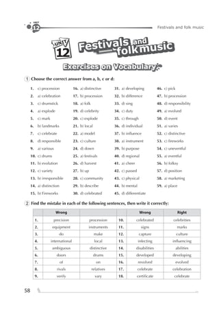 58
Festivals and folk music12
UNIT
andand
FestivalsFestivals and
FestivalsUNIT
12 folkmusic
folkmusicfolkmusic
Exercises on VocabularyExercises on VocabularyExercises on Vocabulary
1 Choose the correct answer from a, b, c or d:
1. c) procession 16. a) distinctive 31. a) developing 46. c) pick
2. a) celebration 17. b) procession 32. b) difference 47. b) procession
3. c) drumstick 18. a) folk 33. d) sing 48. d) responsibility
4. a) explode 19. d) celebrity 34. c) duty 49. a) evolved
5. c) mark 20. c) explode 35. c) through 50. d) event
6. b) landmarks 21. b) local 36. d) individual 51. a) varies
7. c) celebrate 22. a) model 37. b) inﬂuence 52. c) distinctive
8. d) responsible 23. c) culture 38. a) instrument 53. c) ﬁreworks
9. a) various 24. d) down 39. b) purpose 54. c) uneventful
10. c) drums 25. a) festivals 40. d) regional 55. a) eventful
11. b) evolution 26. d) harvest 41. a) cheer 56. b) folksy
12. c) variety 27. b) up 42. c) passed 57. d) position
13. b) irresponsible 28. c) community 43. c) physical 58. a) marketing
14. a) distinction 29. b) describe 44. b) mental 59. a) place
15. b) Fireworks 30. d) celebrated 45. d) differentiate
2 Find the mistake in each of the following sentences, then write it correctly:
Wrong Wrong Right
1. precision procession 10. celebrated celebrities
2. equipment instruments 11. signs marks
3. do make 12. capture culture
4. international local 13. infecting inﬂuencing
5. ambiguous distinctive 14. disabilities abilities
6. doors drums 15. developed developing
7. of on 16. revolved evolved
8. rivals relatives 17. celebrate celebration
9. verify vary 18. certiﬁcate celebrate
 