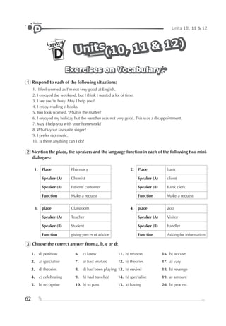 62
Units 10, 11 & 12D
Review
REVIEW
D UnitsUnitsUnits
(10, 11 & 12)
(10, 11 & 12)
(10, 11 & 12)
Exercises on VocabularyExercises on VocabularyExercises on Vocabulary
1 Respond to each of the following situations:
1. I feel worried as I’m not very good at English.
2. I enjoyed the weekend, but I think I wasted a lot of time.
3. I see you’re busy. May I help you?
4. I enjoy reading e-books.
5. You look worried. What is the matter?
6. I enjoyed my holiday but the weather was not very good. This was a disappointment.
7. May I help you with your homework?
8. What’s your favourite singer?
9. I prefer rap music.
10. Is there anything can I do?
2 Mention the place, the speakers and the language function in each of the following two mini-
dialogues:
1. Place Pharmacy 2. Place bank
Speaker (A) Chemist Speaker (A) client
Speaker (B) Patient/ customer Speaker (B) Bank clerk
Function Make a request Function Make a request
3. place Classroom 4. place Zoo
Speaker (A) Teacher Speaker (A) Visitor
Speaker (B) Student Speaker (B) handler
Function giving pieces of advice Function Asking for information
3 Choose the correct answer from a, b, c or d:
1. d) position 6. c) knew 11. b) treason 16. b) accuse
2. a) specialise 7. a) had worked 12. b) theories 17. a) vary
3. d) theories 8. d) had been playing 13. b) envied 18. b) revenge
4. c) celebrating 9. b) had travelled 14. b) specialise 19. a) amount
5. b) recognise 10. b) to pass 15. a) having 20. b) process
 