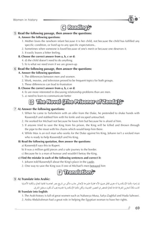 69
Women in history
UNIT
13
ReadingReadingReadingC
5 Read the following passage, then answer the questions:
A. Answer the following questions:
1. Mother loves the newborn infant because it is her child, not because the child has fulﬁlled any
speciﬁc condition, or lived up to any speciﬁc expectations..
2. Sometimes when someone is loved because of one’s merit or because one deserves it.
3. It easily leaves a bitter feeling.
B. Choose the correct answer from a, b, c or d:
4. d) the child doesn’t need to do anything
5. b) is what we need even if we are grown-up
6 Read the following passage, then answer the questions:
A. Answer the following questions:
1. The differences between men and women.
2. Work, movies, and television proved to be frequent topics for both groups.
3. These differences can lead to frustration
B. Choose the correct answer from a, b, c or d:
4. b) are more interested in discussing relationship problems than are men.
5. a) need to learn to communicate better
The Novel (The Prisoner of Zenda)The Novel (The Prisoner of Zenda)The Novel (The Prisoner of Zenda)D
7 A) Answer the following questions:
1. When he came to Tarlenheim with an offer from the Duke, he pretended to shake hands with
Rassendyll and stabbed him with his knife and escaped untouched.
2. He worked for Michael not because he loves him but because he is afraid of him.
3. If anyone tried to save the King from his prison, the King will be killed and thrown through
the pipe to the moat with his chains which would keep him there.
4. While Max is an evil man who works for the Duke against his King, Johann isn’t a wicked man
who is ready to help Rassendyll and his King.
B) Read the following quotation, then answer the questions:
a) Rassendyll says this to Rupert.
b) It was a million gold pieces and a safe journey to the border.
c) Because he is a man of honour and wouldn’t betray the King.
c) Find the mistake in each of the following sentences and correct it:
1. Johann told Rassendyll about the King’s place in the castle.
2. One way to save the King was if one of Michael’s men betrayed him
TranslationTranslationTranslationF
9 A) Translate into Arabic:
‫ﺍﻷﺻﻠﻴﺔ‬ ‫ﻭﺍﳌﻜﺘﺒﺔ‬ ،‫ﻟﻠﻌﺎﱂ‬ ‫ﺛﻘﺎﻓﻴﺔ‬ ‫ﻛﻌﺎﺻﻤﺔ‬ ‫ﻣﴫ‬ ‫ﺗﺎﺭﻳﺦ‬ ‫ﻣﻦ‬ ‫ﻣﺘﺄﻟﻖ‬ ‫ﺟﺎﻧﺐ‬ ‫ﻹﻧﻌﺎﺵ‬ ‫ﻃﻤﻮﺣﺔ‬ ‫ﳏﺎﻭﻟﺔ‬ ‫ﻷﻧﻪ‬ ‫ﻋﻤﻴﻖ؛‬ ‫ﺛﻘﺎﰱ‬ ￯‫ﻣﻐﺰ‬ ‫ﻟﻪ‬ ‫ﺍﻹﺳﻜﻨﺪﺭﻳﺔ‬ ‫ﻣﻜﺘﺒﺔ‬ ‫ﺇﺣﻴﺎﺀ‬ ‫ﺇﻥ‬
.‫ﺍﻟﴩﻕ‬ ‫ﻣﺴﺘﻘﺒﻞ‬ ‫ﺗﻜﻮﻥ‬ ‫ﺃﻥ‬ ‫ﳚﺐ‬ ‫ﺍﳉﺪﻳﺪﺓ‬ ‫ﺍﻹﺳﻜﻨﺪﺭﻳﺔ‬ ‫ﻣﻜﺘﺒﺔ‬ ‫ﻭﻟﻜﻦ‬ ،‫ﺍﻟﻘﺪﻳﻤﺔ‬ ‫ﺍﻟﻌﺼﻮﺭ‬ ‫ﰱ‬ ‫ﺍﳌﺘﺤﴬ‬ ‫ﻟﻠﻌﺎﱂ‬ ‫ﺍﳌﺘﺎﺣﺔ‬ ‫ﺍﳌﻌﺮﻓﺔ‬ ‫ﻟﺘﺨﺰﻳﻦ‬ ‫ﺎ‬‫ﹰ‬‫ﻧ‬‫ﻣﻜﺎ‬ ‫ﻛﺎﻧﺖ‬
B) Translate into English:
1. The Arab history is full of great women such as Nabawya Musa, Safya Zaghlul and Huda Sahrawi.
2. Aisha Abdulrahman had a great role in helping the Egyptian woman to have her rights.
 