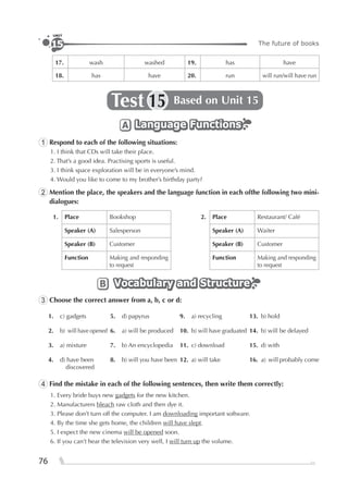 76
The future of books15
UNIT
17. wash washed 19. has have
18. has have 20. run will run/will have run
Test Based on Unit 1515
Language FunctionsLanguage FunctionsLanguage FunctionsA
1 Respond to each of the following situations:
1. I think that CDs will take their place.
2. That’s a good idea. Practising sports is useful.
3. I think space exploration will be in everyone’s mind.
4. Would you like to come to my brother’s birthday party?
2 Mention the place, the speakers and the language function in each ofthe following two mini-
dialogues:
1. Place Bookshop 2. Place Restaurant/ Café
Speaker (A) Salesperson Speaker (A) Waiter
Speaker (B) Customer Speaker (B) Customer
Function Making and responding
to request
Function Making and responding
to request
Vocabulary and StructureVocabulary and StructureVocabulary and StructureB
3 Choose the correct answer from a, b, c or d:
1. c) gadgets 5. d) papyrus 9. a) recycling 13. b) hold
2. b) will have opened 6. a) will be produced 10. b) will have graduated 14. b) will be delayed
3. a) mixture 7. b) An encyclopedia 11. c) download 15. d) with
4. d) have been
discovered
8. b) will you have been 12. a) will take 16. a) will probably come
4 Find the mistake in each of the following sentences, then write them correctly:
1. Every bride buys new gadgets for the new kitchen.
2. Manufacturers bleach raw cloth and then dye it.
3. Please don’t turn off the computer. I am downloading important software.
4. By the time she gets home, the children will have slept.
5. I expect the new cinema will be opened soon.
6. If you can’t hear the television very well, I will turn up the volume.
 