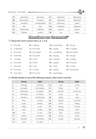 87
Steinbeck: The Pearl
UNIT
17
19. persuasion persuasive 25. expression depression
20. descendants ancestors 26. impressed depressed
21. merchant correspondent 27. generosity. greed
22. after over 28. inspected respected
23. Advertising Publicity 29. special private
24. lobsters oysters 30. run throw
Exercises on GrammarExercises on GrammarExercises on Grammar
1 Choose the correct answer from a, b, c or d:
1. b) to talk 10 a) telling 19. b) swimming 28. d) to go
2. c) speaking 11. b) to send 20. c) going 29. c) making
3. b) to read 12. b) to spend 21. c) murdering 30. b) to inform
4. b) to think 13. b) to work 22. c) typing 31. b) to get
5. a) to take 14. c) him 23. c) leaving 32. a) taking
6. d) to work 15. d) told 24. c) going 33. d) to pick
7. b) to read 16. a) me 25. a) turn 34. a) come
8. b) to play 17. c) to dig 26. c) going 35. d) to paying
9. d) to arrive 18. b) to swim 27. c) pretending
2 Find the mistake in each of the following sentences, then write it correctly:
Wrong Right Wrong Right
1. smoking to smoke 14. stay to stay
2. not speak not to speak 15. being be
3. explaining to explain 16. practise practising
4. informing to inform 17. to go go
5. overhear overhearing 18. going to go
6. have to have 19. remain to remain
7. to put putting 20. to hit hitting
8. being to be 21. having to have
9. sign to sign 22. waking wake
10. use to use 23. give to give
11. reserve to reserve 24. to not not to
12. overhear to overhear 25. to play playing
13. came to come
 