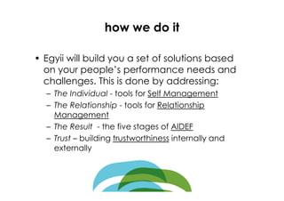 how we do it

• Egyii will build you a set of solutions based
  on your people’s performance needs and
  challenges. This is done by addressing:
  – The Individual - tools for Self Management
  – The Relationship - tools for Relationship
    Management
  – The Result - the five stages of AIDEF
  – Trust – building trustworthiness internally and
    externally
 